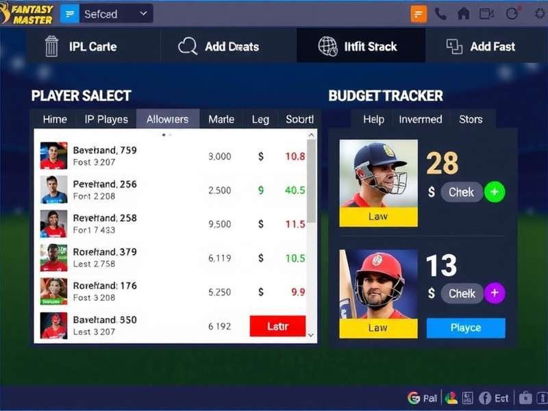 Fantasy Cricket Master gameplay showing player selection interface with IPL players and budget tracker