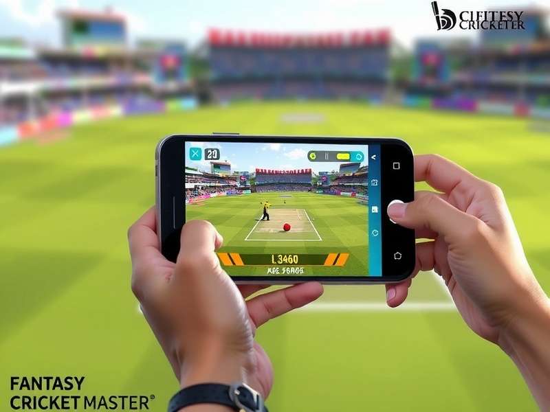 Concept art for Fantasy Cricket Master AR mode showing a user watching a mini 3D cricket match on their phone